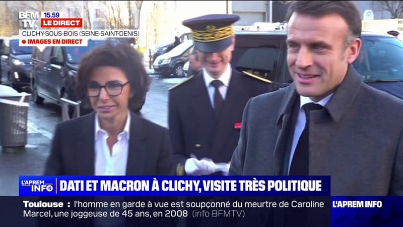 Arrivée d'Emmanuel Macron et de Rachida Dati à Clichy-sous-Bois pour la visite des Ateliers Médicis
