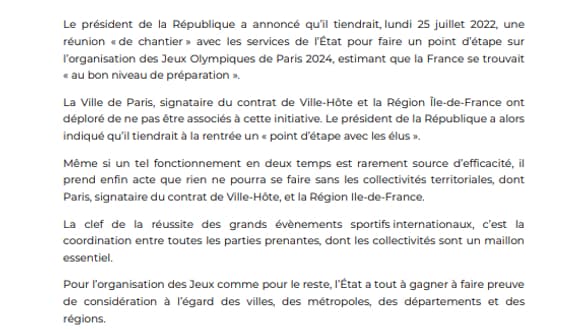 Le communiqué de presse de la ville et de la région Île-de-France