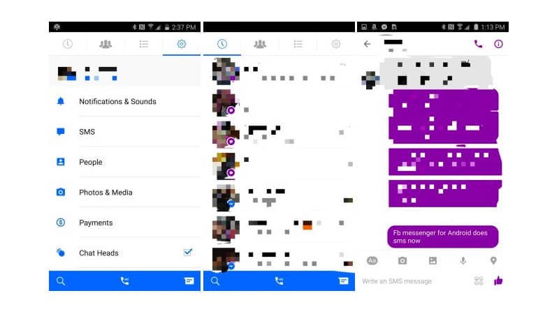 La nouvelle interface de Messenger, dont un volet est consacré à la réception de SMS