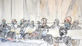 Croquis d'audience montrant les accusés  et leurs avocats, lors de l'ouverture du procès des attentats de janvier 2015, le 2 septembre 2020 à Paris