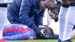 Jean-Philippe Mateta pris en charge après sa blessure occasionné par le gardien Liam Roberts lors de Crystal Palace-Millwall (3-1, FA Cup), le 1er mars 2025
