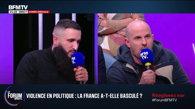 FORUM BFM - Violence en politique: l'échange tendu entre Kevin, militant LFI, et Maximilien, superviseur dans la grande distribution