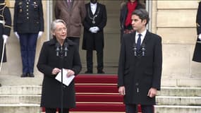 Élisabeth Borne lors du discours de passation à Gabriel Attal le 9 janvier 2024. 
