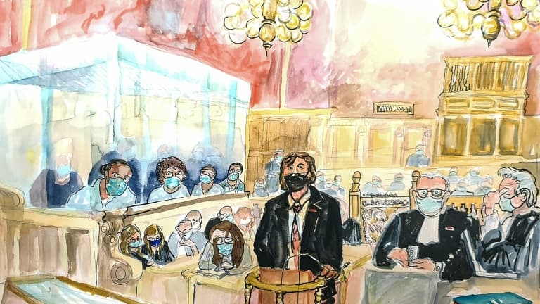 Croquis d'audience du 19 novembre 2020 à la cour d'assises spéciale de Paris durant la déposition d'une des victimes d'Ayoub El Khazzani Croquis d'audience du 19 novembre 2020 à la cour d'assises spéciale de Paris durant la déposition d'une des victimes d'Ayoub El Khazzani