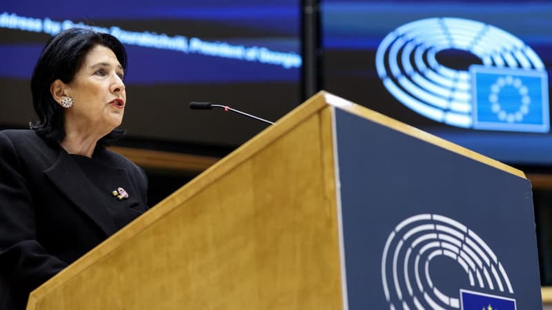 La présidente géorgienne Salomé Zourabichvili au Parlement européen à Bruxelles, ce mercredi 31 mai 2023