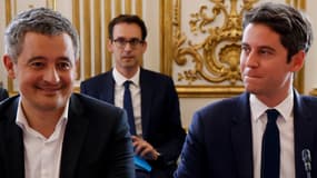 Le Premier ministre et le ministre de l'Intérieur démissionnaires, Gabriel Attal et Gérald Darmin à Matignon, le 31/08/2024