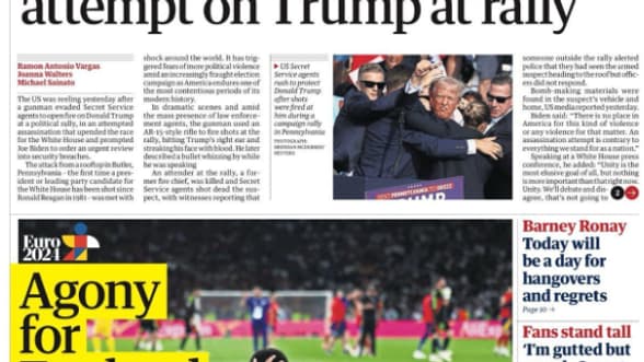 La une du Guardian du 15 juillet 2024. La une du Guardian du 15 juillet 2024.