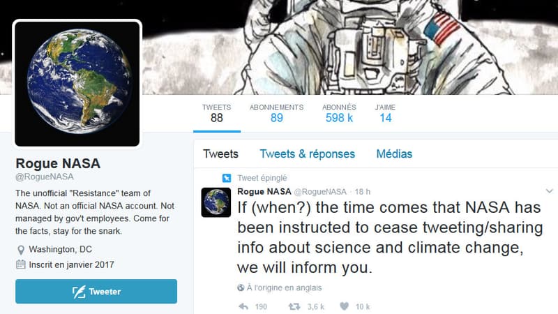 Capture du faux compte Twitter de la Nasa, "Rogue Nasa", lancé par des anonymes.