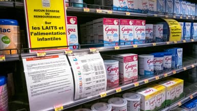 Rayons garnis de lait maternisé Guigoz dans le rayon bébé de la grande pharmacie des Halles. Lactalis, Nestlé et Danone ont rappelé des lots de lait maternisé en poudre en raison du risque de contamination par la toxine céreulide, une substance d'origine bactérienne pouvant provoquer des diarrhées, des vomissements et d'autres troubles digestifs. 