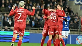 La joie des joueurs de Brest après le but de Camara à Strasbourg, 24 février 2024