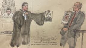 Ce croquis du tribunal, réalisé le 28 février 2025, montre Mehdi Nemmouche, tandis qu'il regarde son avocat, Francis Vuillemin, s'entretenir avec l'ancien otage Nicolas Henin.