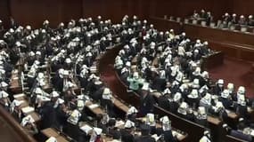Les députés japonais s’entraînent à l'arrivée d'un séisme, casques sur la tête 