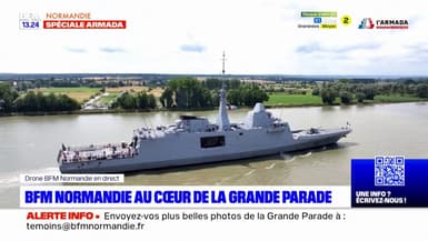 Armada: le premier navire parti de Rouen, la Fremm Normandie, arrive à Caudebec-en-Caux