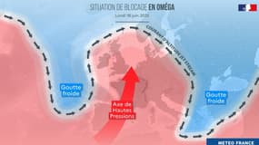 Capture d'écran du site Internet de Météo France. Sur cette illustration de juin 2025, on aperçoit clairement le phénomène de "blocage en omega"; un blocage provoquant l'accumulation d'une importante masse d'air chaud sur tout le territoire français.