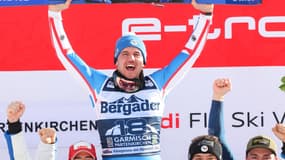 La joie de Nils Allègre après son triomphe au super-G de Garmisch
