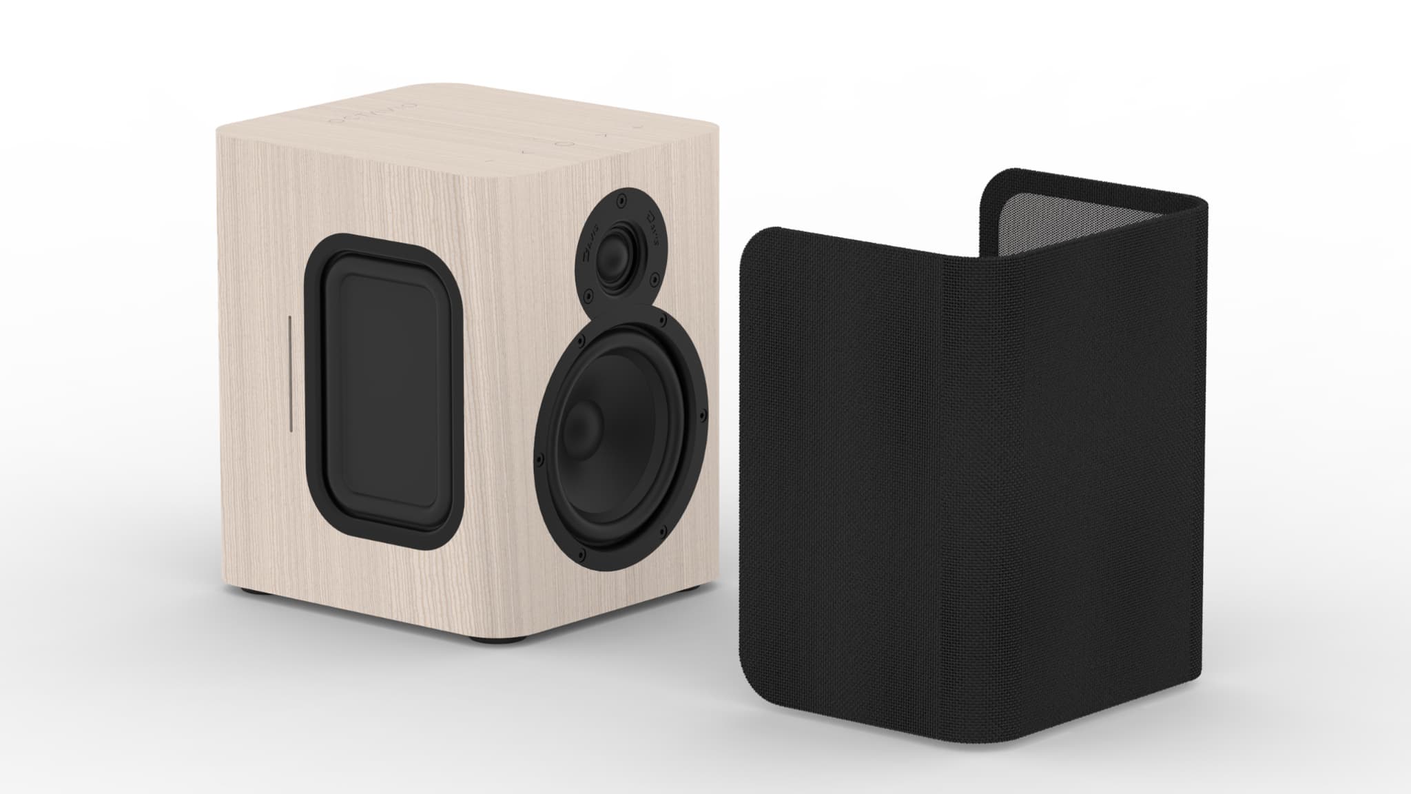 L'enceinte Maestro est un petit caisson de bois embarquant deux haut-parleurs de chaque côté, un tweeter et un woofer en façade.