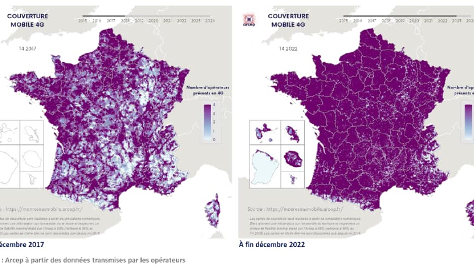 La carte de couverture mobile (4G) en 2017 et en 2022 La carte de couverture mobile (4G) en 2017 et en 2022