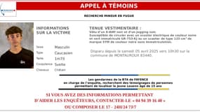 Appel à témoins lancé par la gendarmerie du Var le 8 avril après la disparition d'un jeune de 15 ans