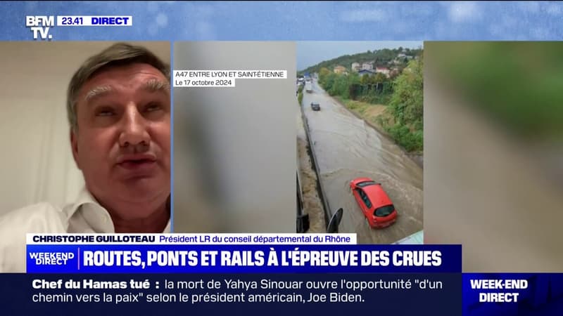 Christophe Guilloteau (président LR du conseil départemental du Rhône), sur les crues: "On a eu jusqu'à 30 routes départementales coupées" thumbnail