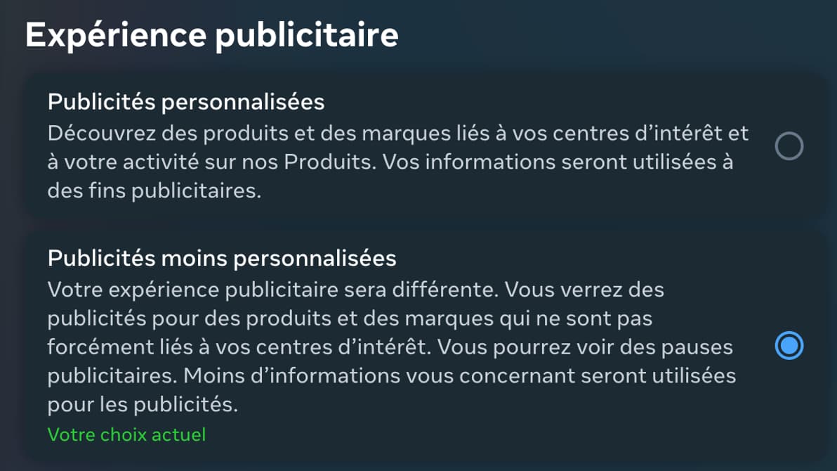 Le choix "d'expérience publicitaire" proposé par Meta Le choix "d'expérience publicitaire" proposé par Meta