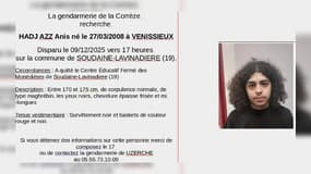 Avis de recherche de la gendarmerie de Corrèze du 10 décembre 2025