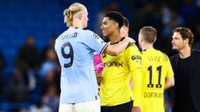 Erling Haaland avec Jude Bellinhgam lors d'un match Manchester City-Dortmund, le 14 septembre 2022