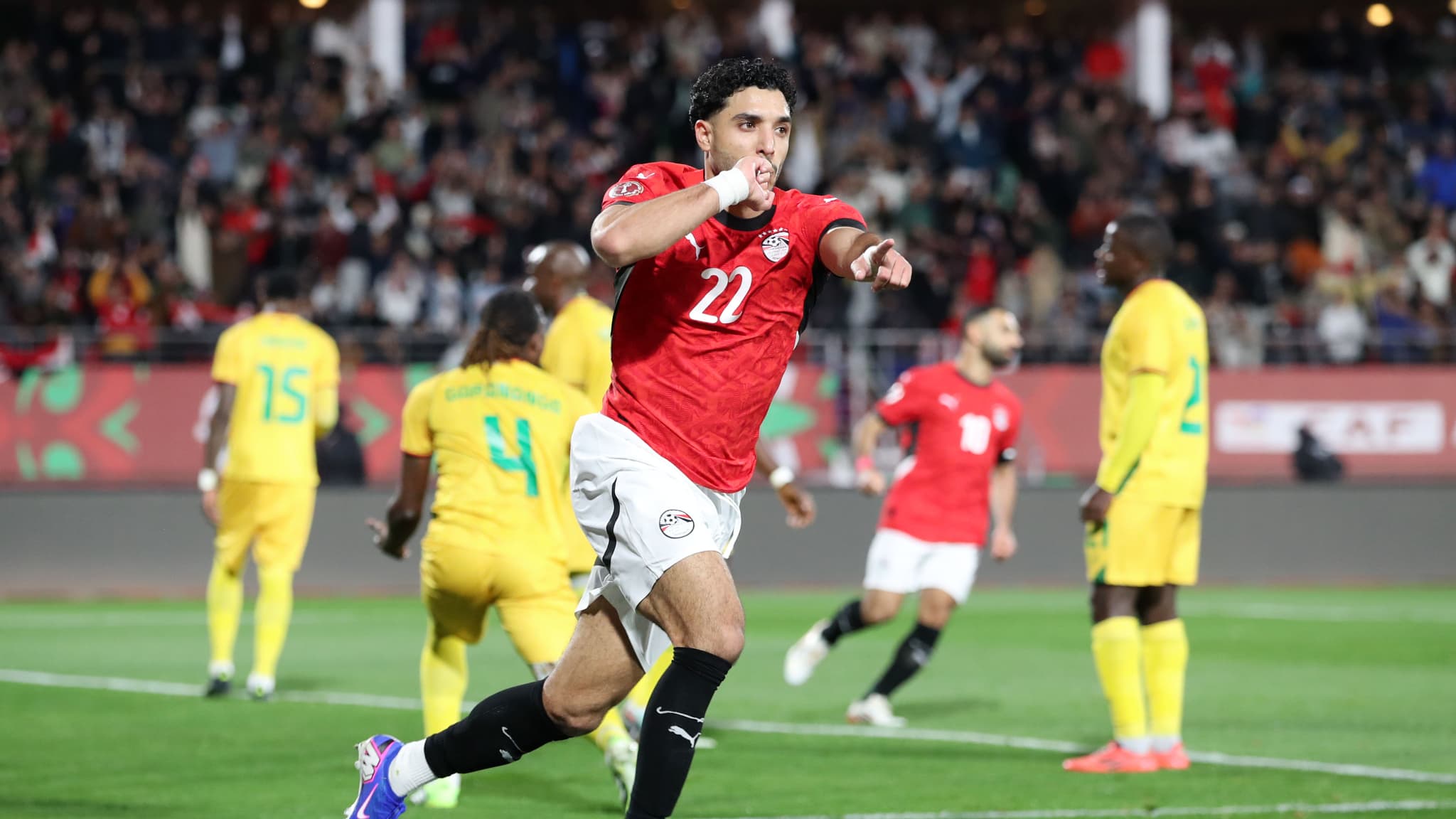 Omar Marmoush célèbre son mais lors de la rencontre Egypte-Zimbabwe lors de la 1ère journée de la CAN, le 22 décembre 2025
