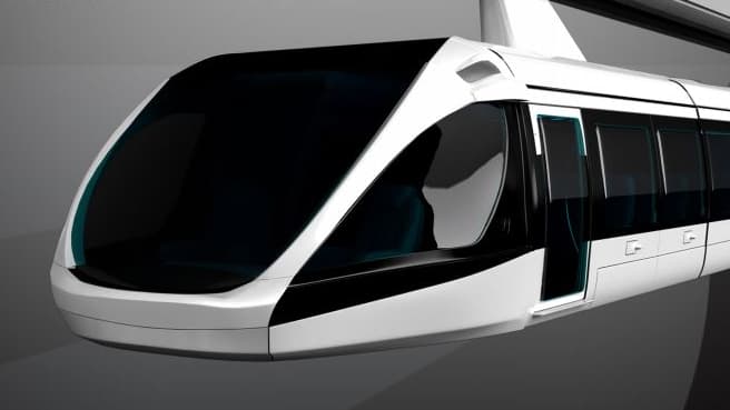 Le train monorail suspendu prévoit la circulation de navettes propulsées par des moteurs-roues pouvant transporter jusqu'à 70 passagers à 250 km/h sur un rail situé à environ 12 mètres du sol.