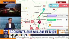 Info Trafic: déjà plus de 300km de bouchons cumulés en Ile-de-France, accidents sur l'A15, l'A86 et la N104. Un trafic perturbé sur les lignes 5,6 et 9 du métro et les RER E et C. 