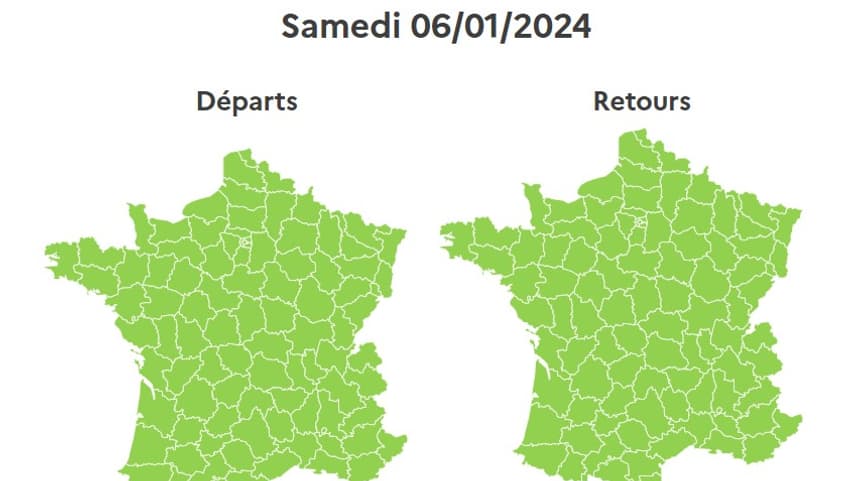 Bison Futé a classé ce samedi 6 janvier 2024 vert sur les routes françaises dans le sens des départs comme dans celui des retours. Bison Futé a classé ce samedi 6 janvier 2024 vert sur les routes françaises dans le sens des départs comme dans celui des retours.
