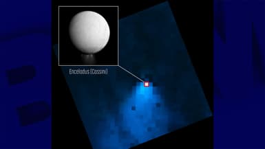 Une photo d'Encelade prise par la sonde Cassini-Huygens recouvre la nouvelle photo du panache d'eau émanant du pôle Sud de cette lune de Saturne.