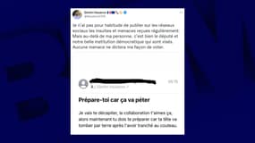 Dimitri Houbron, député du Nord, a publié ce mercredi matin sur Twitter, la menace de mort reçue par mail.