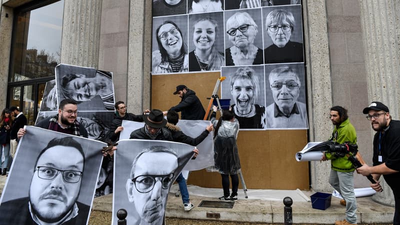 Des portraits géants des 150 citoyens et citoyennes de la Convention pour le climat réalisés par l'artiste JR et affichés au palais d'Iéna, à Paris, au siège du Conseil économique, social et environnemental