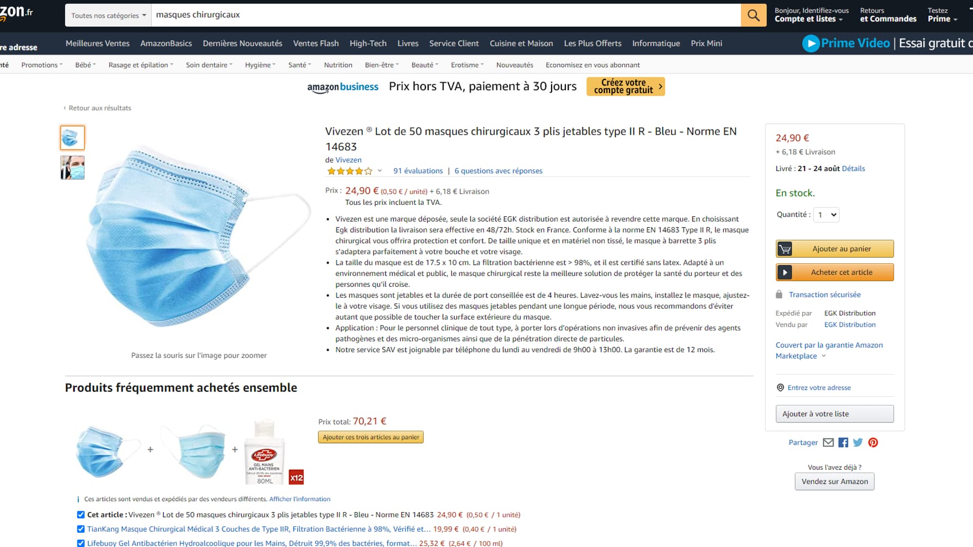 Une boîte de 50 masques vendus 24,90 euros, soit 50 centimes d'euros l'unité Une boîte de 50 masques vendus 24,90 euros, soit 50 centimes d'euros l'unité