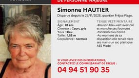 Simonne Hautier est portée disparue depuis le 23 novembre (Police nationale du Var) - Police de Fréjus