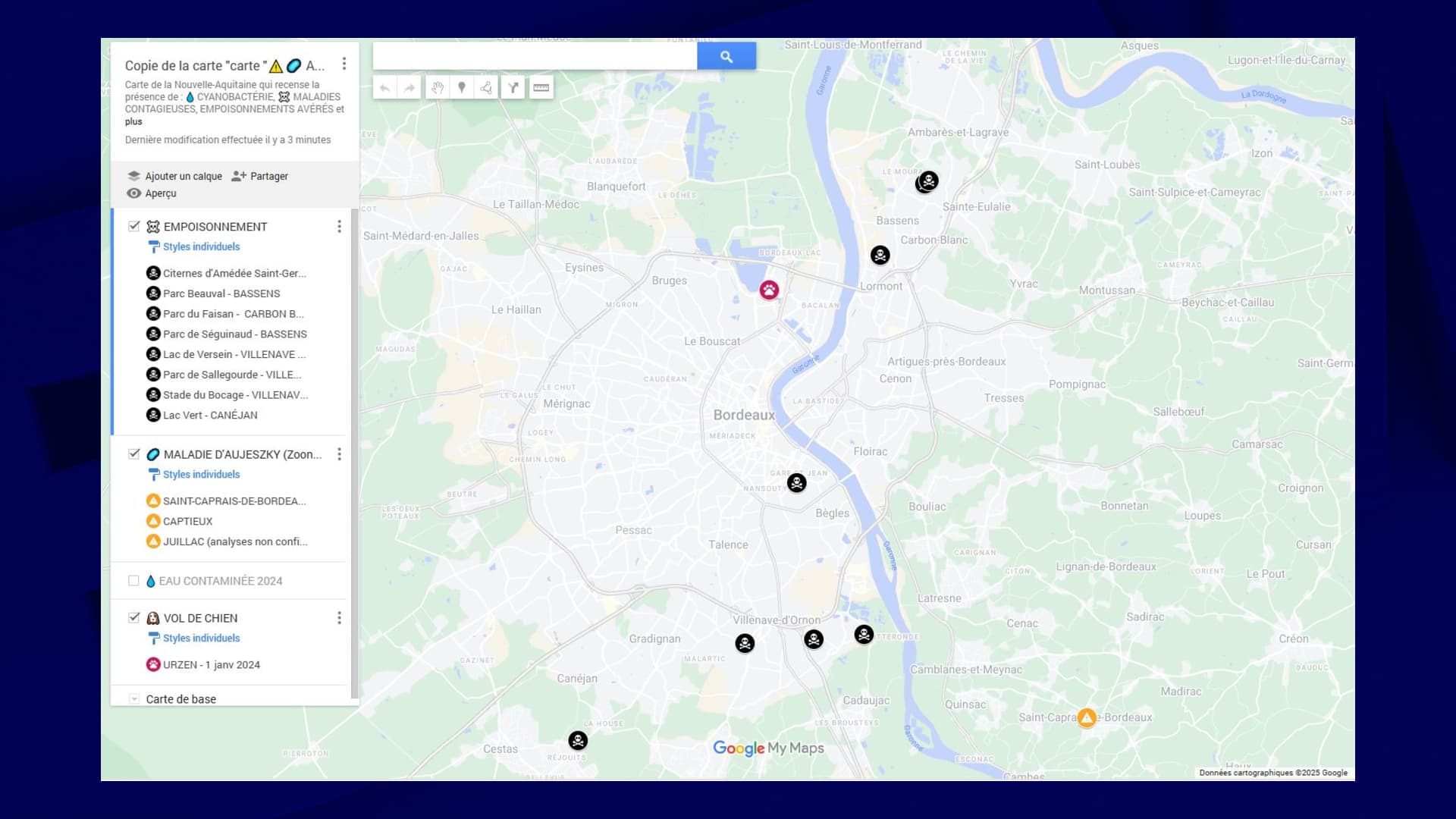 Capture d'écran Google Maps de la cartographie réalisée par les propriétaires de chiens de Bordeaux. Sur l'image, les endroits suspectés d'avoir été ciblés sont signalés avec un logo "tête de mort". 