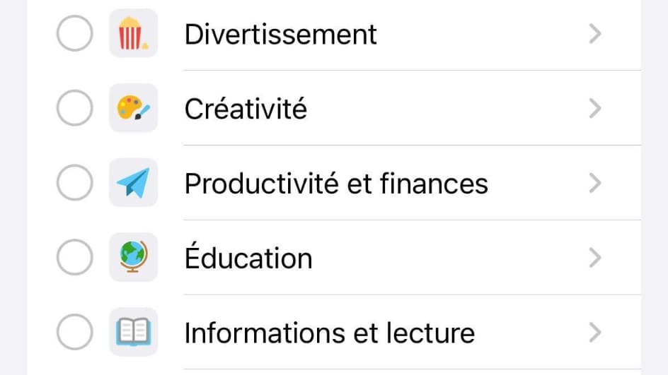 Les catégories d'applications de "Limites d'app" sur l'iPhone. Les catégories d'applications de "Limites d'app" sur l'iPhone.