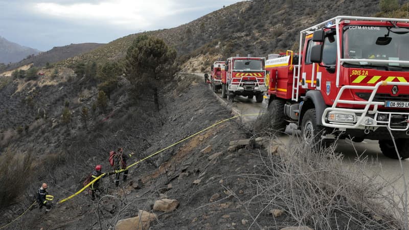 Des pompiers tentent d'éteindre un feu dans la région de Bastelica, en Corse, en mars 2017