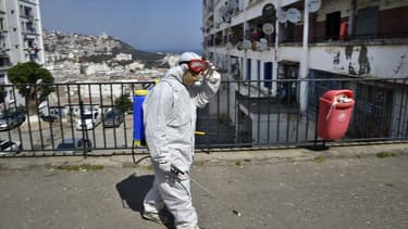 Un employé municipal d'Alger désinfecte la rue dans le quartier de Bab el-Oued (PHOTO D'ILLUSTRATION)