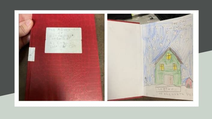 La couverture du livre du petit garçon à gauche, et un extrait de l'intérieur de l'ouvrage à droite. 