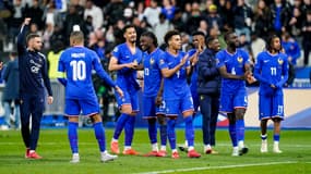 Les joueurs de l'équipe de France célèbrent leur victoire contre la Croatie (2-0, 5 t.a.b. 4, Ligue des Nations), le 23 mars 2025