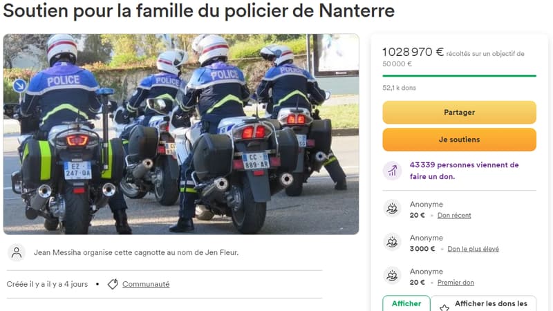 Une cagnotte de soutien au policier qui a tiré sur Nahel, 17 ans, a récolté plus d'un million d'euros, le 3 juillet 2023
