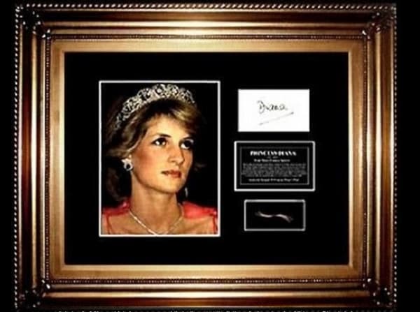 Le cadre comprenant la photo, la mèche de cheveux ainsi que la signature de Lady Diana 