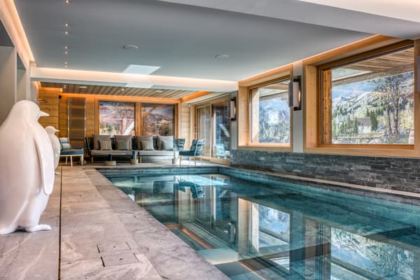 Vue de la piscine du chalet principal. Vue de la piscine du chalet principal.