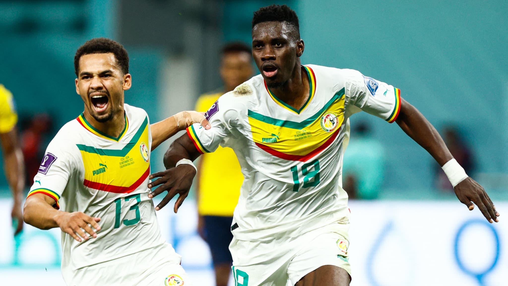 Ismaïla Sarr et Iliman Ndiaye lors du match de Coupe du monde entre l'Equateur et le Sénégal, le 29/11/2022 Ismaïla Sarr et Iliman Ndiaye lors du match de Coupe du monde entre l'Equateur et le Sénégal, le 29/11/2022