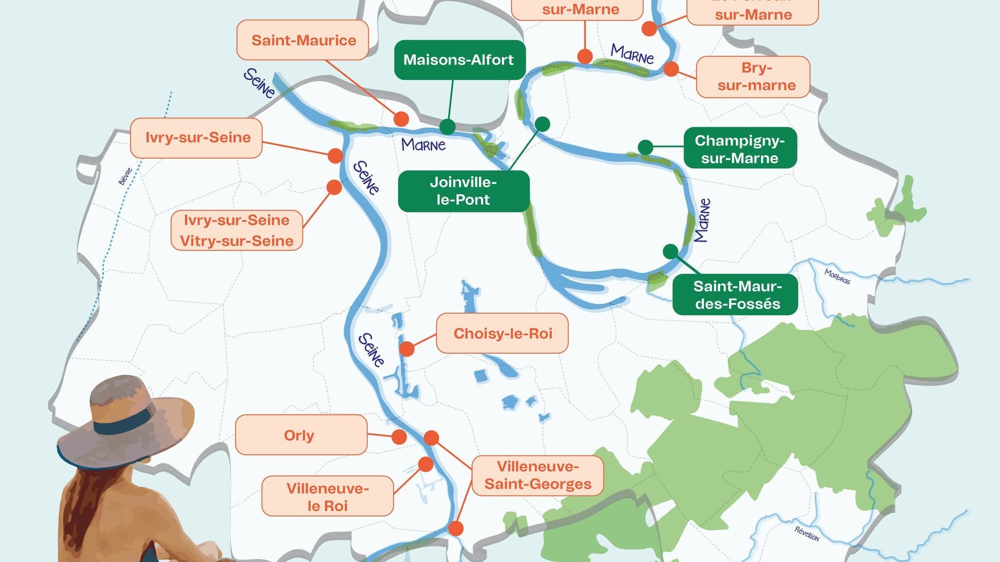 La carte des lieux de baignade identifiés en 2024 dans le Val-de-Marne.