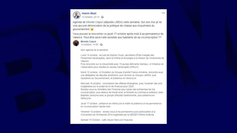 Post Facebook d'Hakim Madi, le 14 octobre 2019.