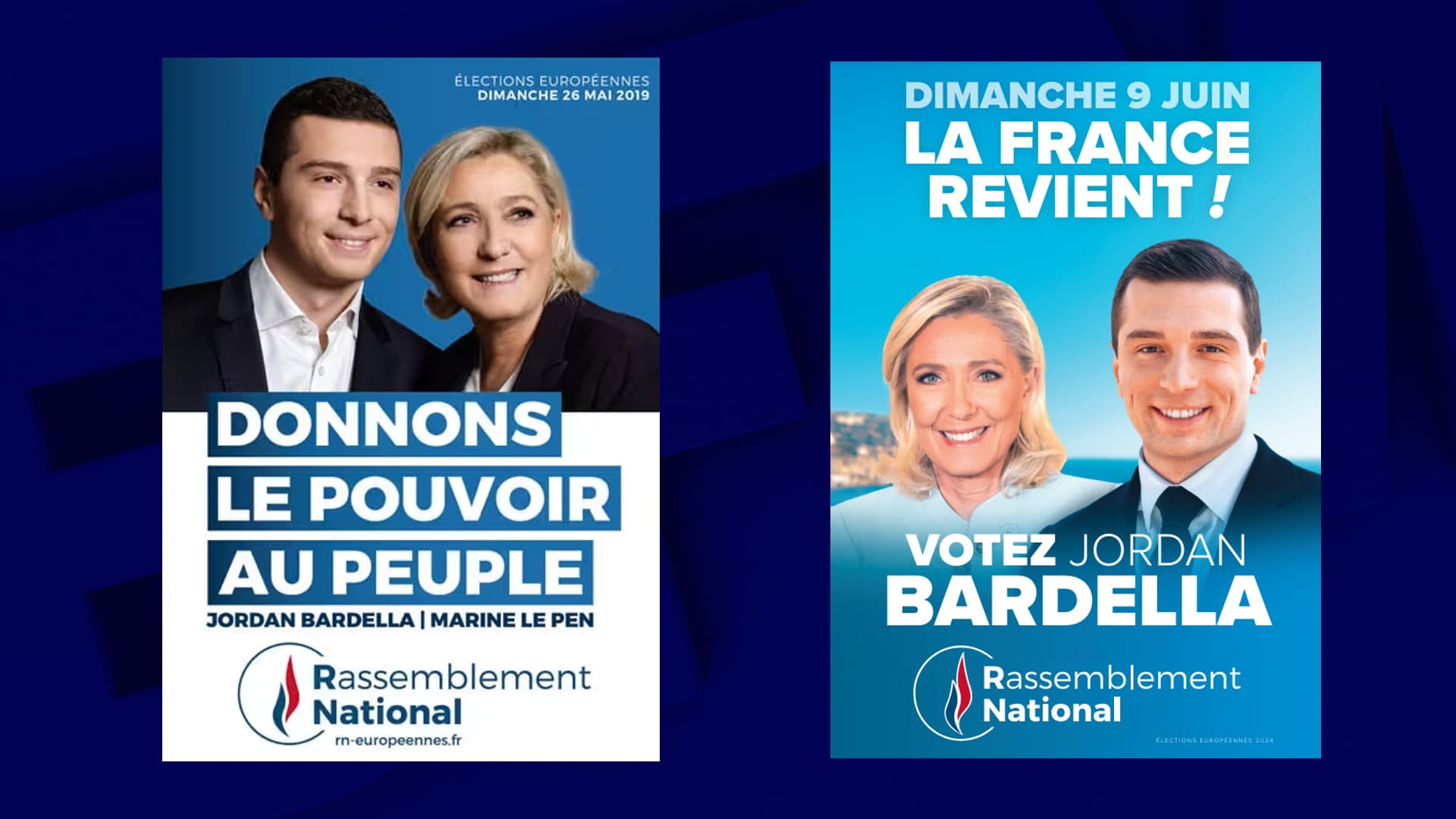 À gauche, l'affiche de campagne du RN aux élections européennes en 2019. À droite, celle du RN pour le scrutin du 9 juin 2024