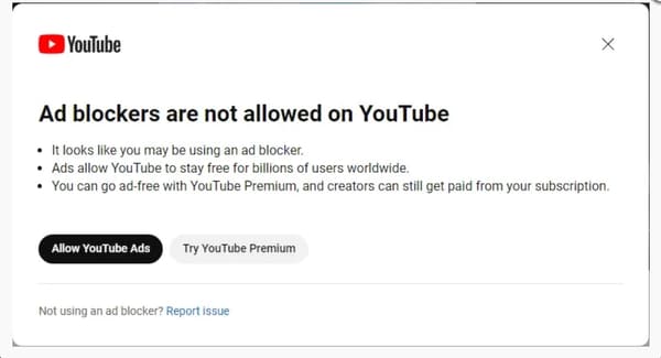 Le message d'avertissement de YouTube à l'attention des bloqueurs de pubs