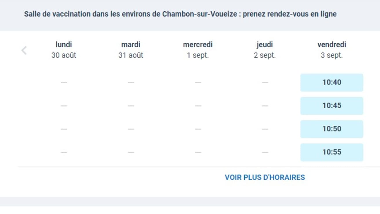 Capture d'écran des rendez-vous disponibles à Chambon-sur-Voueize dans la Creuse. Capture d'écran des rendez-vous disponibles à Chambon-sur-Voueize dans la Creuse.